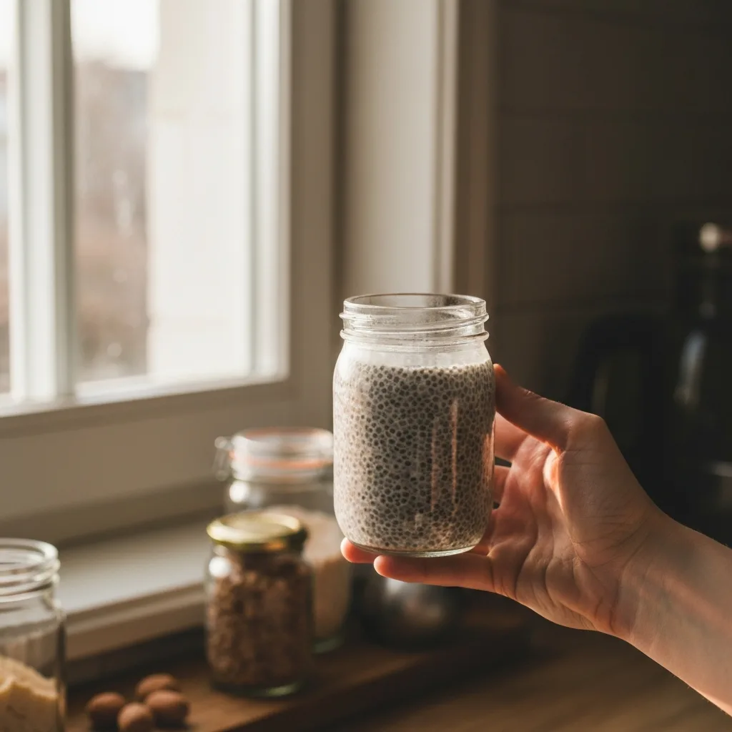 Hand holding a jar of chia pudding near a bright kitchen window