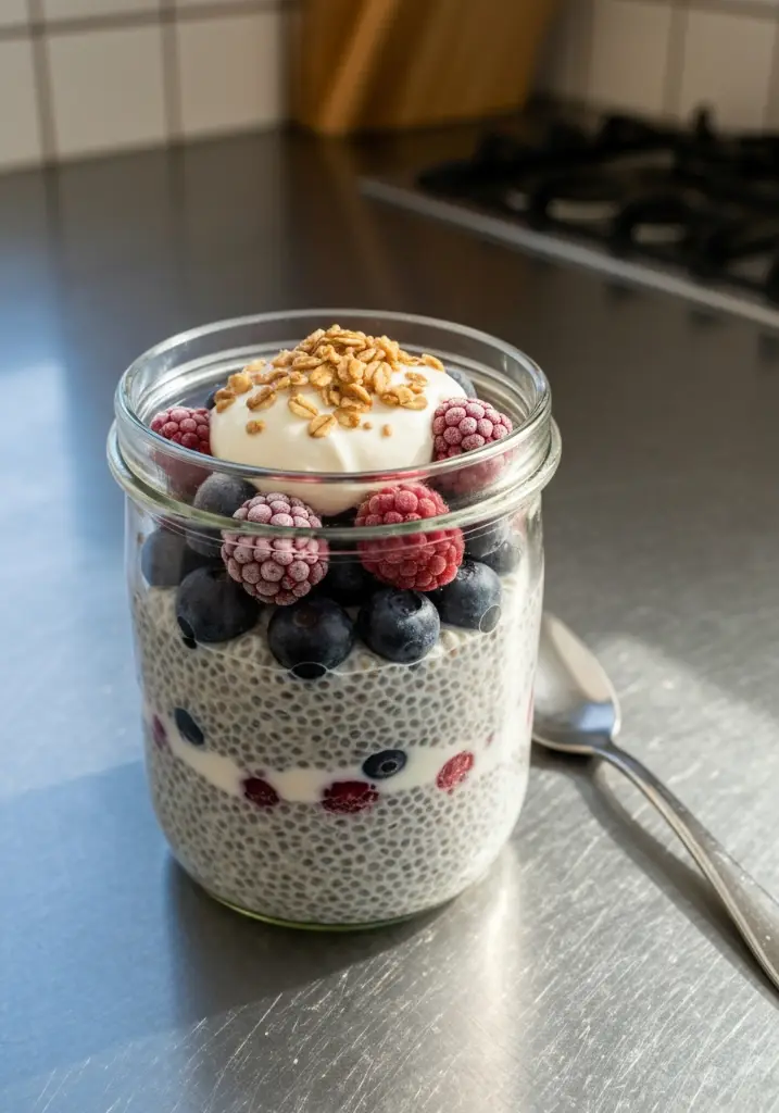 Layered chia pudding parfait with berries and granola in vertical jar