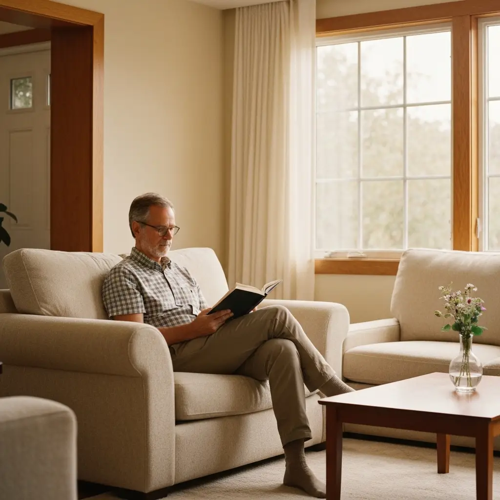 Cozy living room scene with bowl of chia pudding and toppings