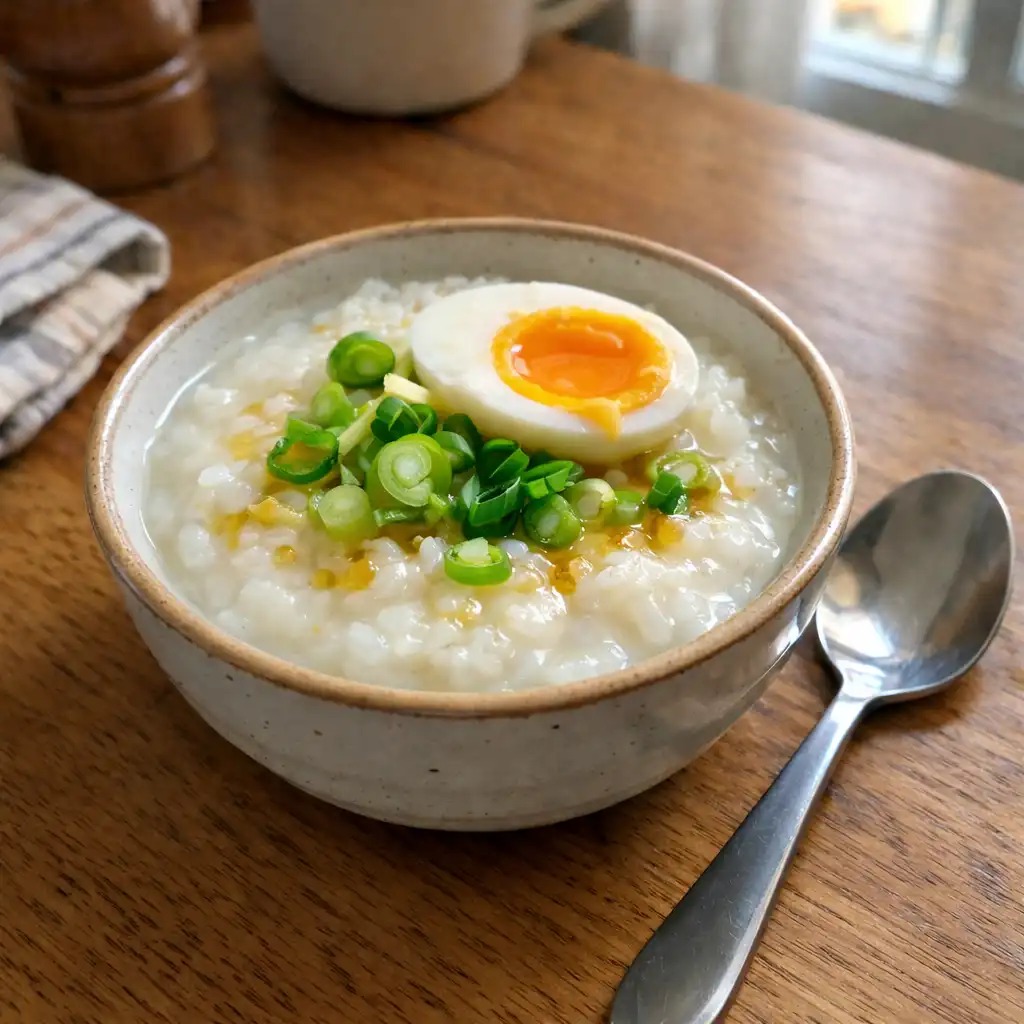 Chicken congee rice porridge with ginger and green onions easy congee breakfast recipe
