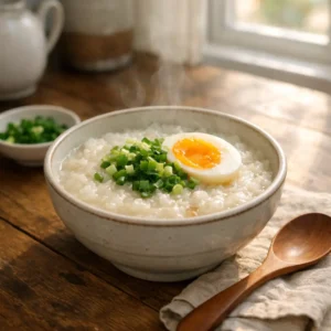 Overhead view of chicken congee breakfast bowl with ginger and scallions congee breakfast recipe