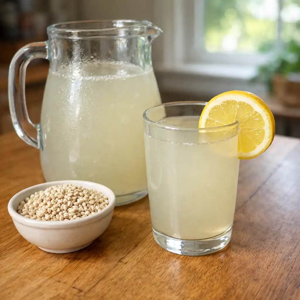 Chilled barley water with lemon and mint in mason jar barley water recipe