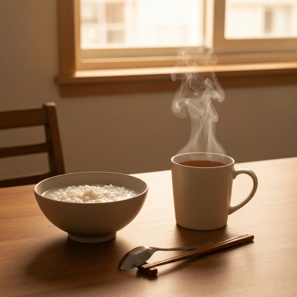 simple Chinese wellness breakfast with tea and porridge becoming chinese wellness trend