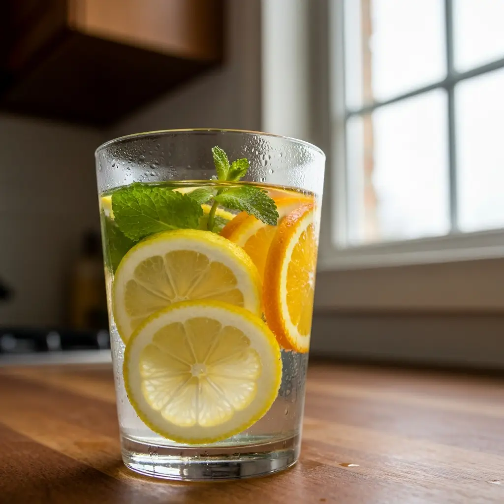 close up of detox water with citrus and herbs detox drink at home