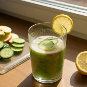 Fresh homemade cold-pressed juice made with apple cucumber and lemon in a glass jar