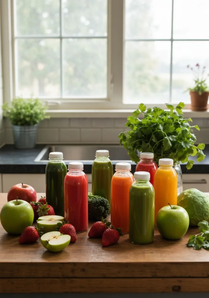 Colorful bottles of cold-pressed juice with fruits and vegetables for Pinterest