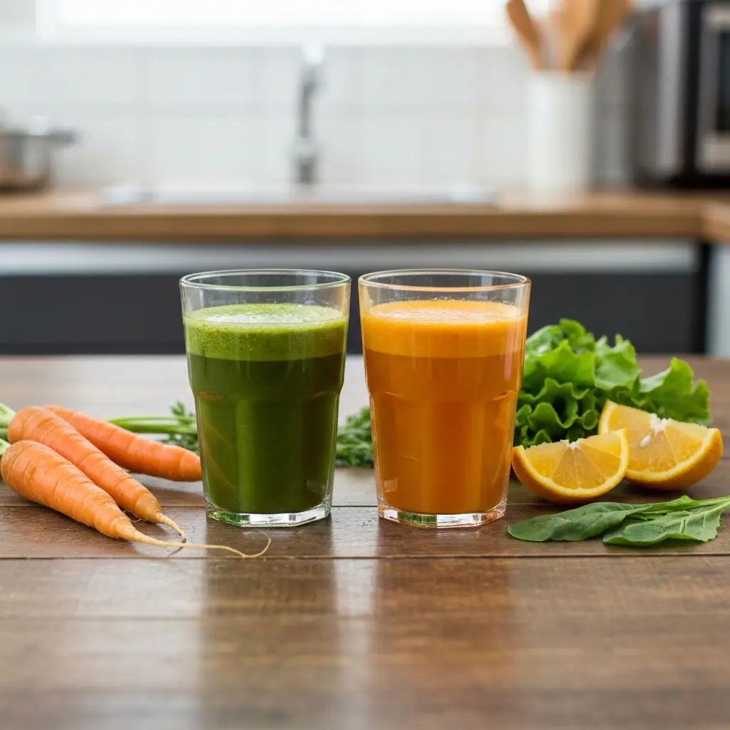 Two glasses of cold-pressed juice with carrots citrus and leafy greens