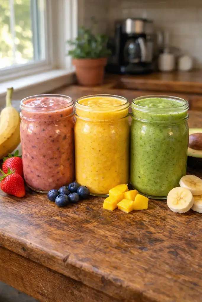 Three colorful homemade smoothie recipes with fresh fruit arranged for Pinterest