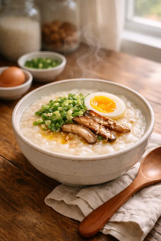 Pinterest style vertical image of a comforting congee breakfast bowl congee breakfast recipe