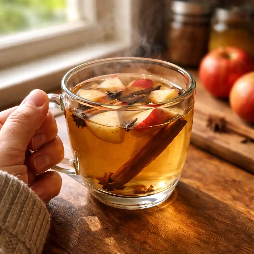 Hand holding a mug of boiled apple tea by a kitchen window Why is everyone drinking boiled apple tea every night