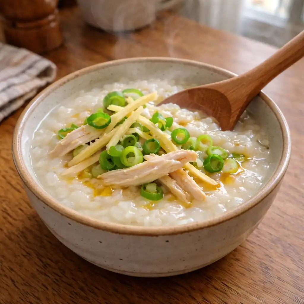 Hand holding bowl of warm congee by kitchen window easy congee breakfast recipe