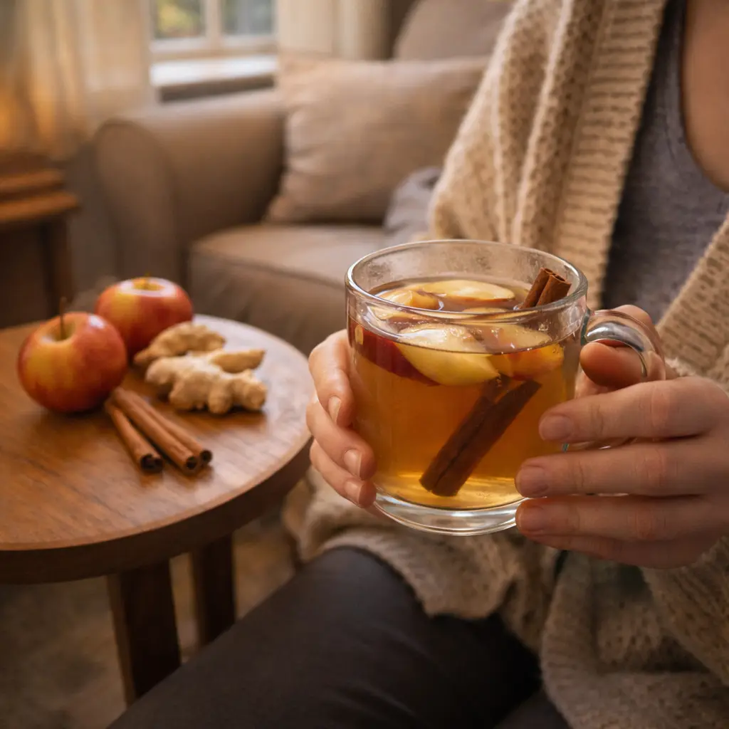 Person relaxing with mug of apple ginger tea in living room 3 ingredient boiled apple tea for digestion