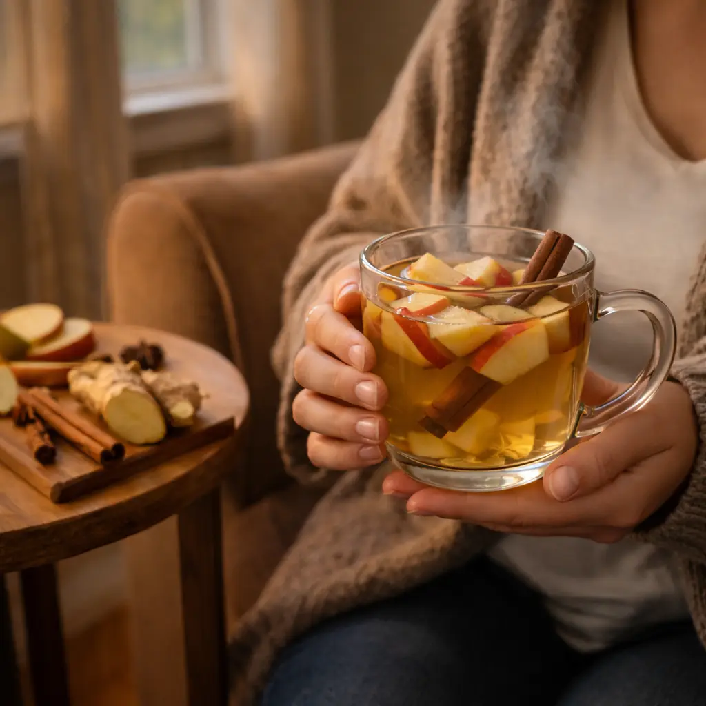 person holding mug of apple tea in cozy living room with apples and cinnamon nearby boiled apple tea for gut health
