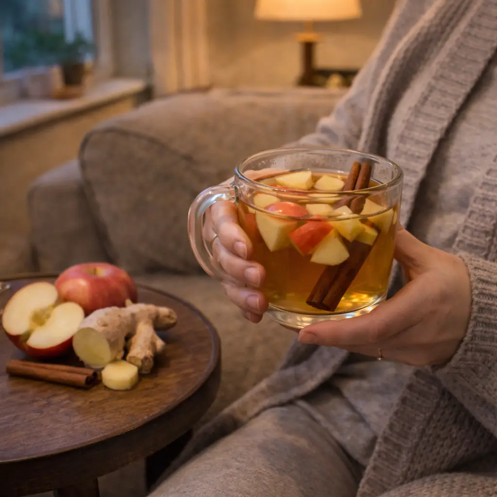 Cozy living room scene with mug of apple tea and ingredients nearby gut healing apple tea before bed