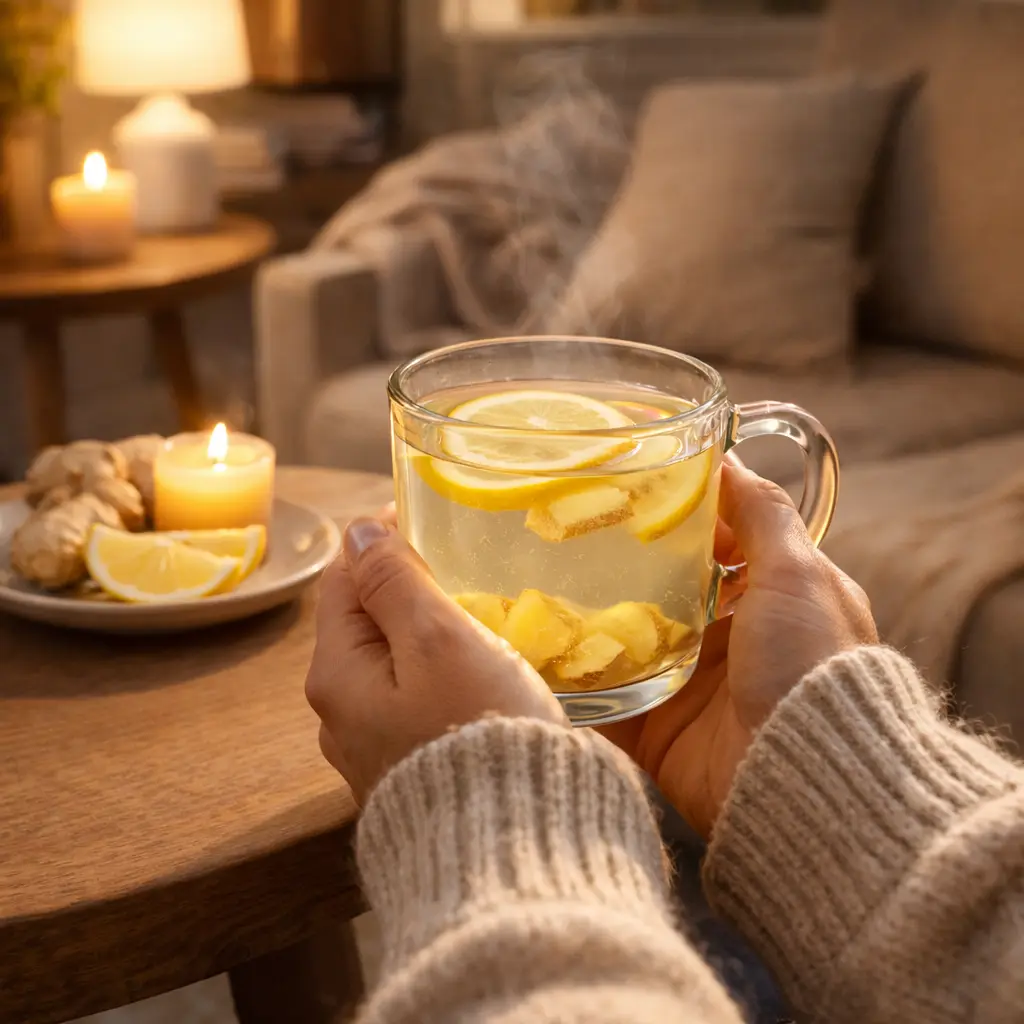 Person relaxing with a mug of lemon ginger drink in a cozy living room anti bloating nighttime drink 3 ingredients