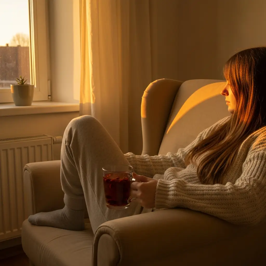Cozy living room scene with person holding goji berry red date tea mug goji berry red date tea recipe