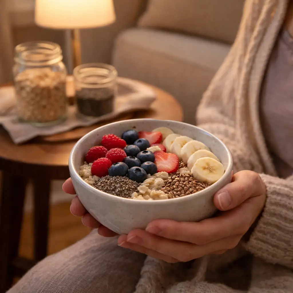 Cozy living room oatmeal breakfast scene with ingredients fiber era high fiber breakfast