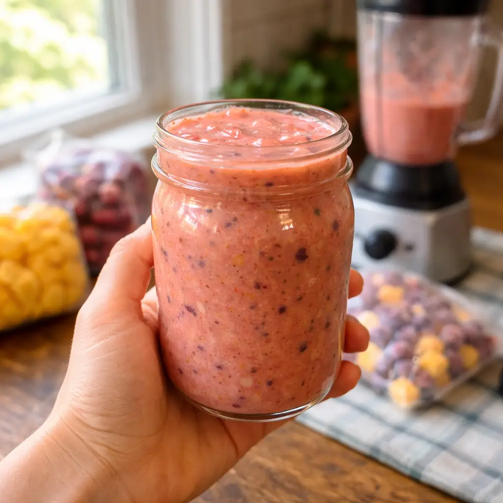 Person enjoying a berry smoothie in a cozy living room with ingredients nearby