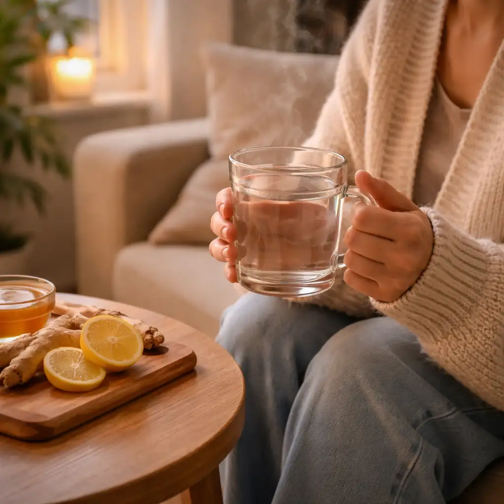 Person relaxing with hot water and lemon in living room drink hot water every morning
