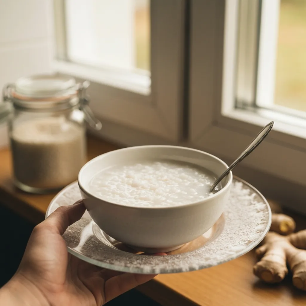 hand holding bowl of congee breakfast near bright kitchen window 3 ingredient congee breakfast