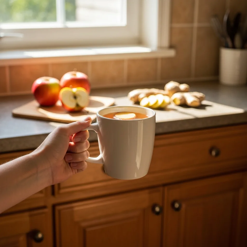 hand holding a warm mug of apple ginger drink near kitchen window warm apple ginger drink