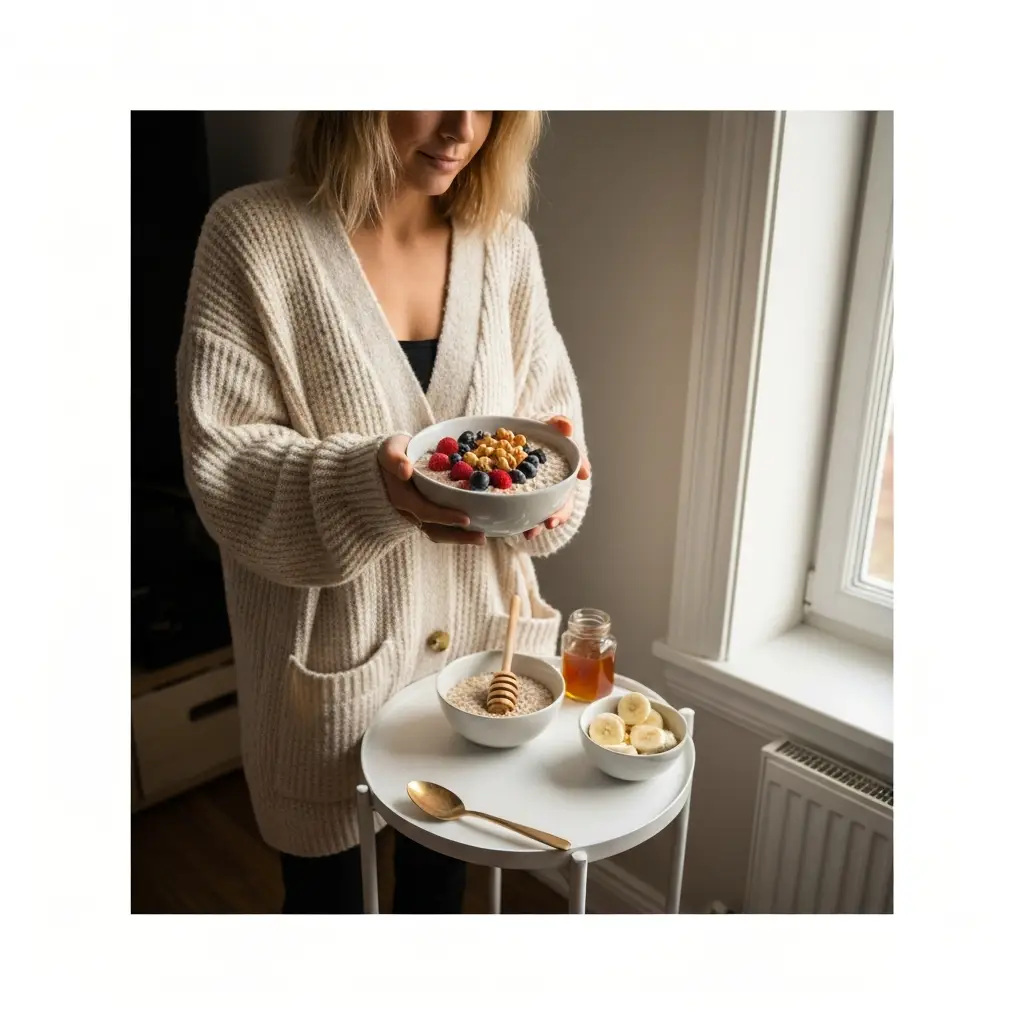 Cozy living room breakfast scene with bowl of overnight oats and fresh ingredients