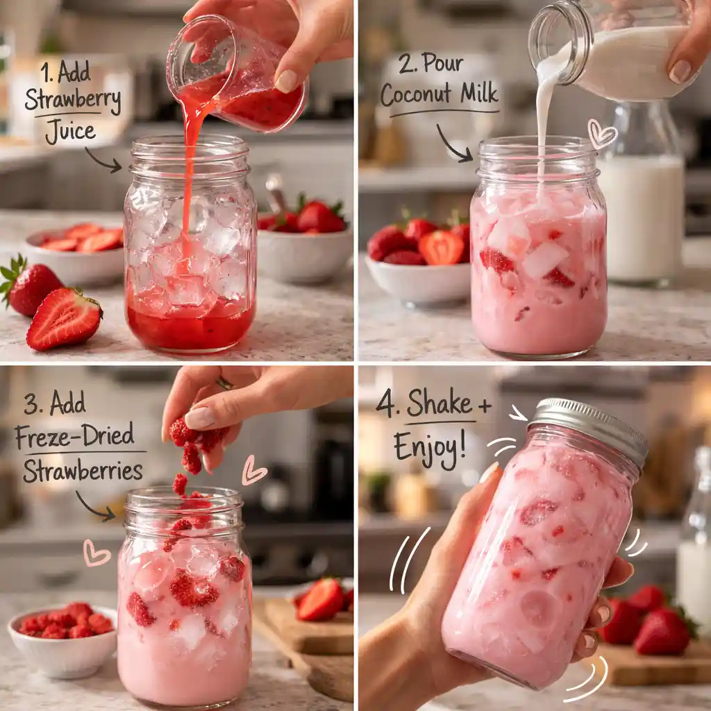 Creamy Strawberry Coconut Drink Close up of strawberry coconut pink drink