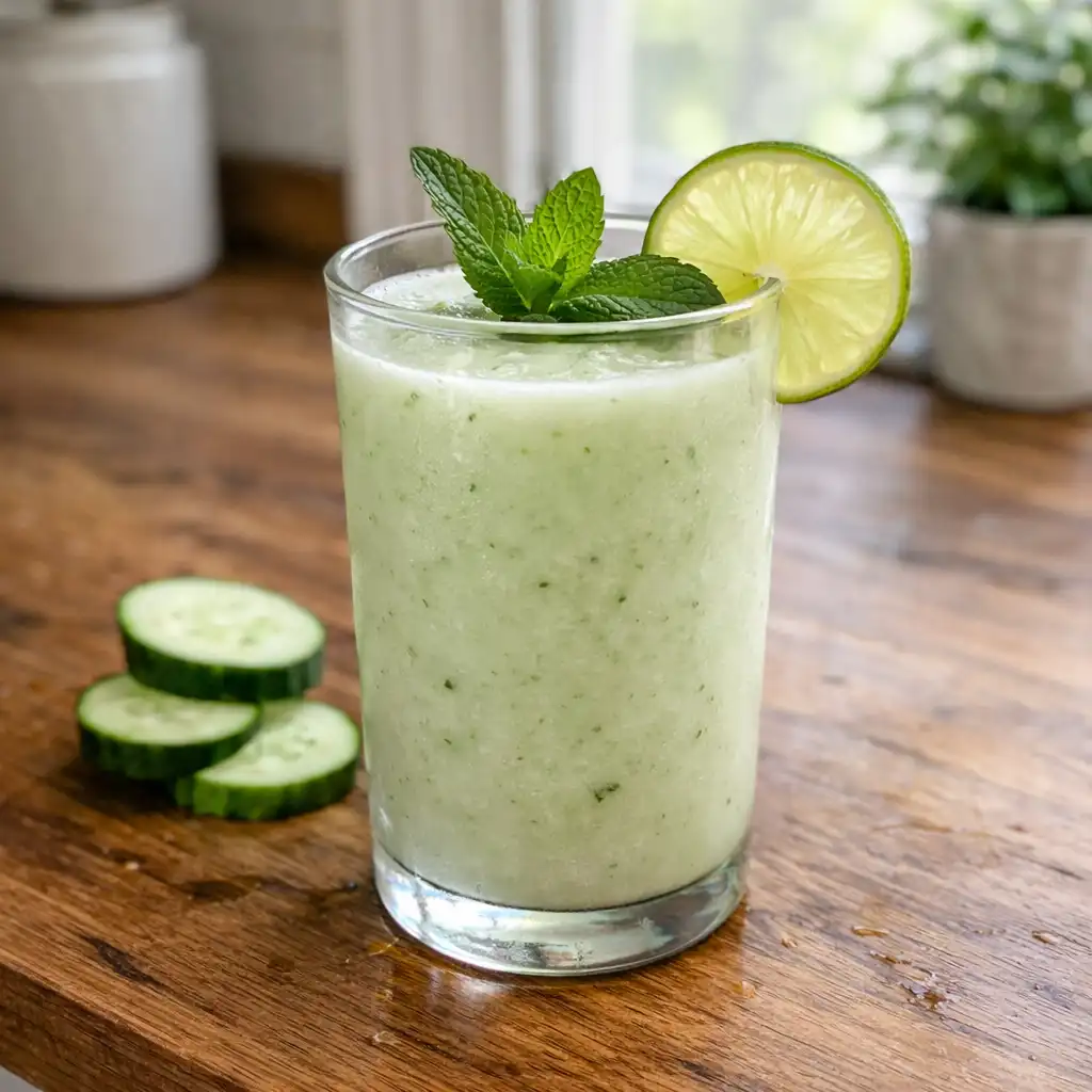 Cucumber coconut natural body cooling drink in a glass with mint garnish