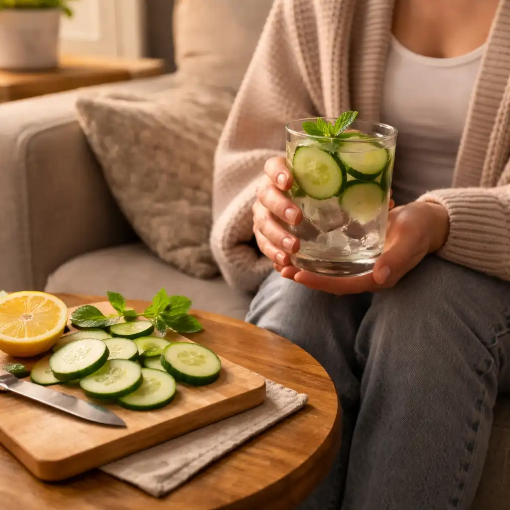 Person holding cucumber detox drink in cozy living room detox drink using cucumber