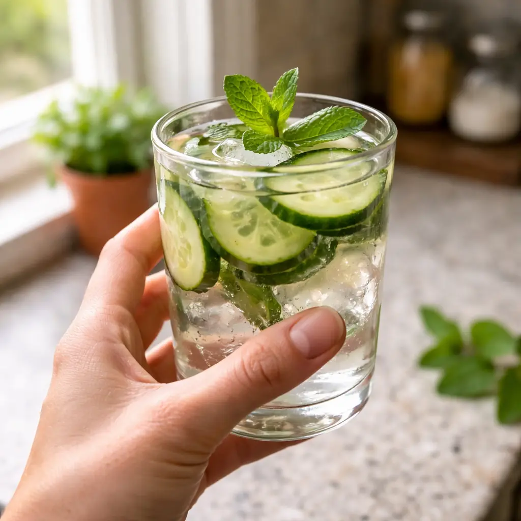 Hand holding glass of cucumber detox water by window detox drink using cucumber