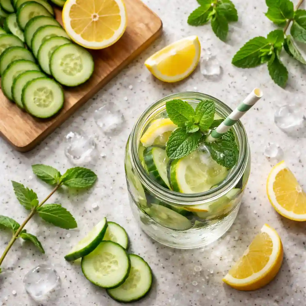Top view of cucumber slices lemon and infused water detox drink using cucumber