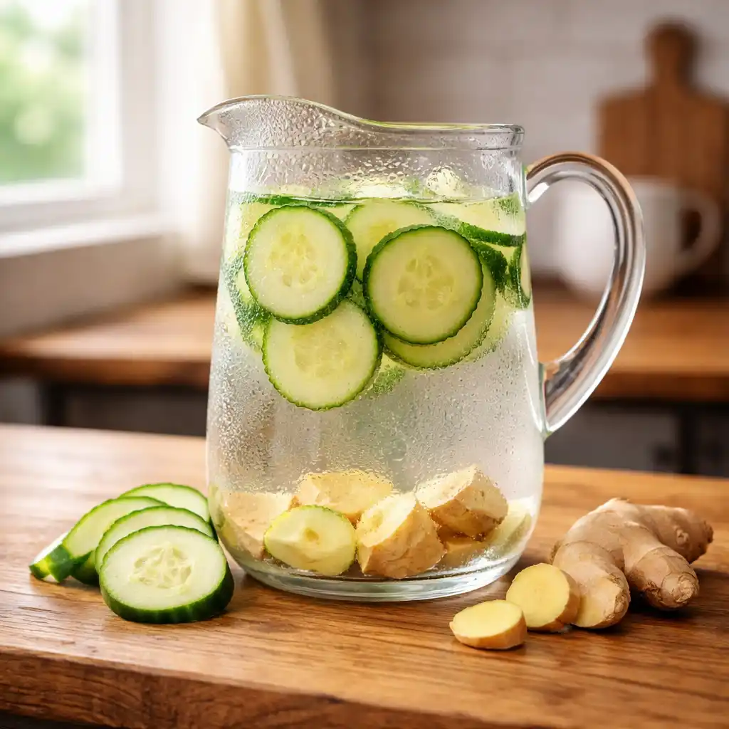 cucumber ginger detox water in glass pitcher detox drink ideas