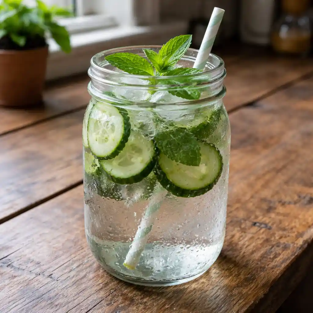 Mason jar of cucumber mint detox water with ice cubes detox drink using cucumber
