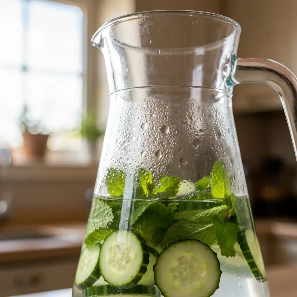 Cucumber mint infused water in a glass pitcher with fresh ingredients what drink detox the liver