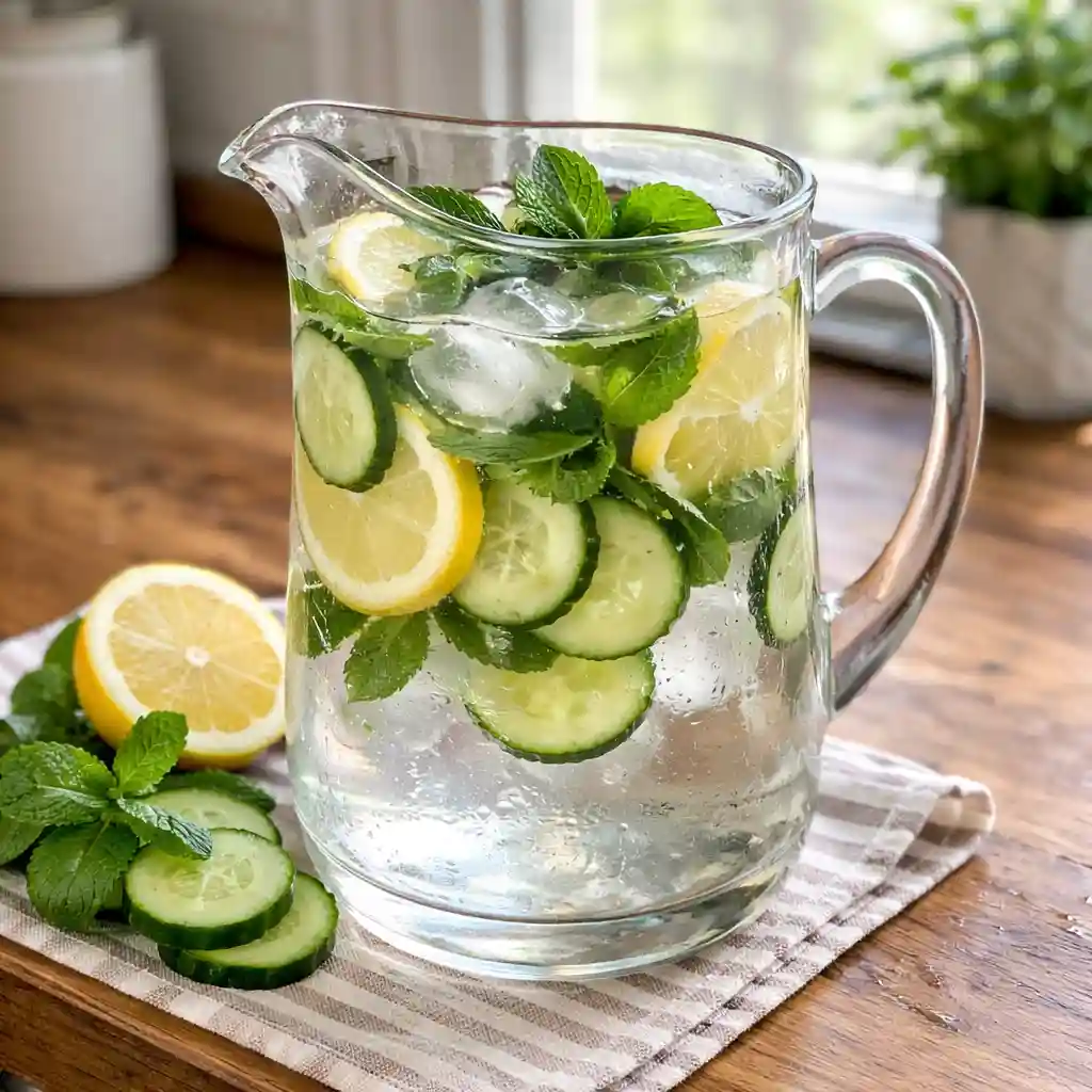 Pitcher of cucumber lemon mint infused water for natural body cooling drink