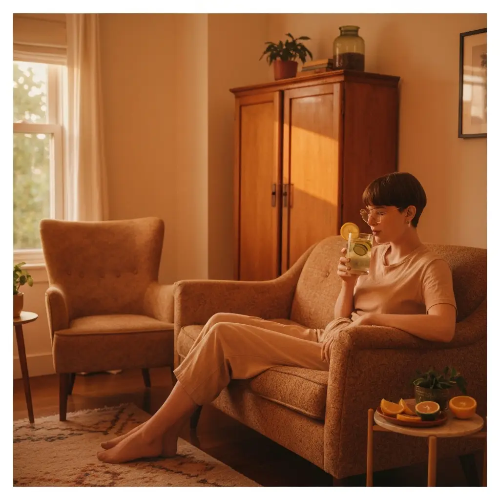 Person relaxing with a glass of infused water in the living room does drinking water help lose weight