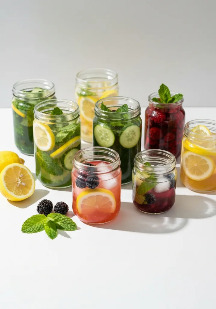 colorful detox drinks in jars with fruits and herbs vertical image detox drink at home