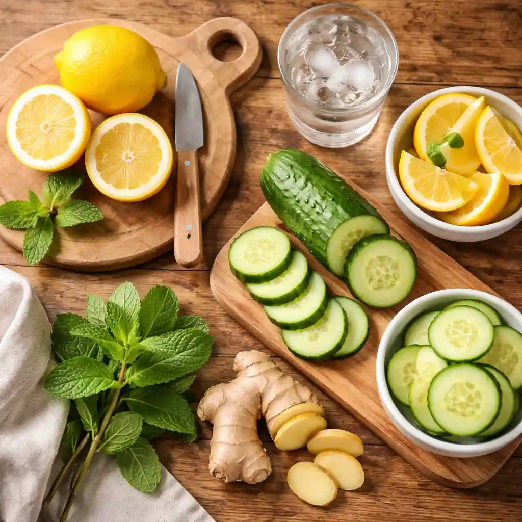 detox drink ingredients on kitchen table detox drink ideas