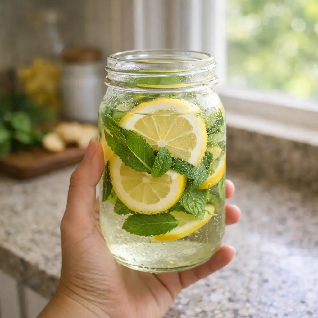 hand holding detox drink by kitchen window how to make detox drink at home