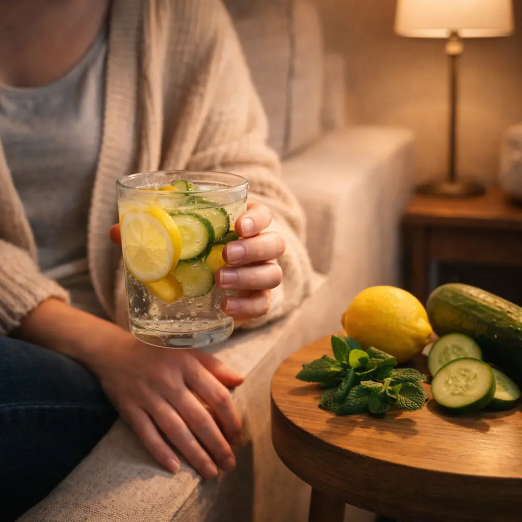 Person relaxing with detox drink in cozy living room detox drinks 5 days