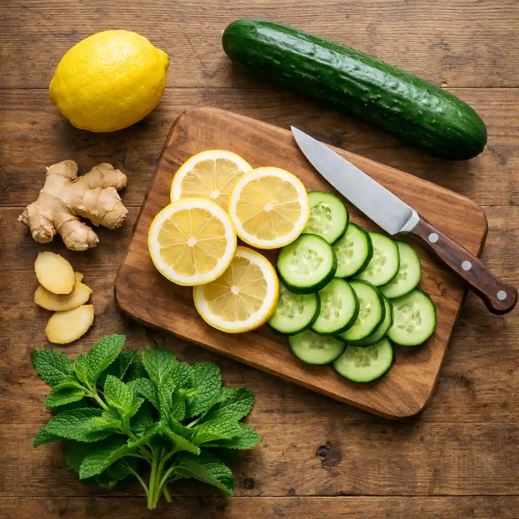 Ingredients for detox drinks including lemon cucumber ginger and mint detox drinks 5 days