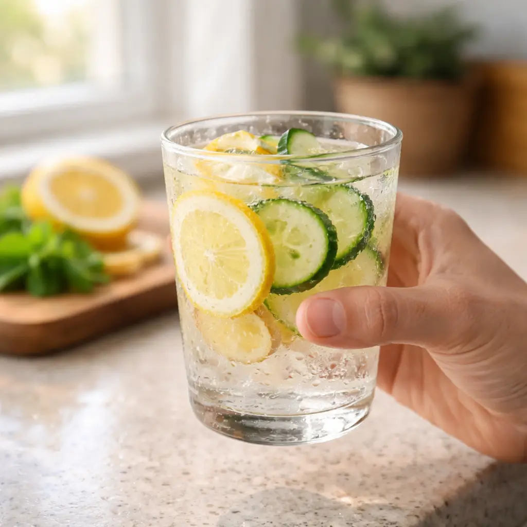 Hand holding lemon ginger detox drink near window detox drinks 5 days