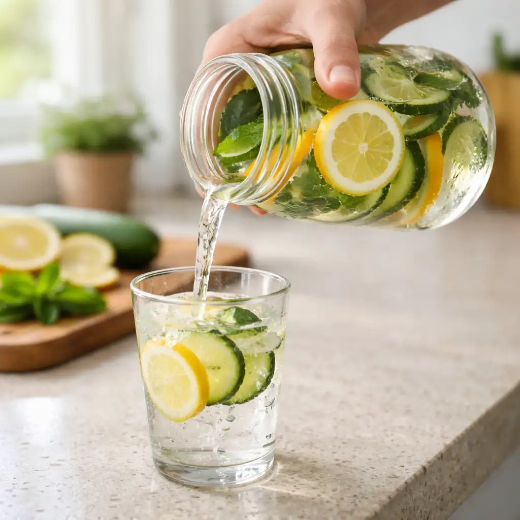 Pouring homemade detox water into a glass from a jar detox drinks 5 days
