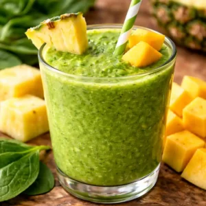 Creamy detox island green smoothie close-up with tropical fruit