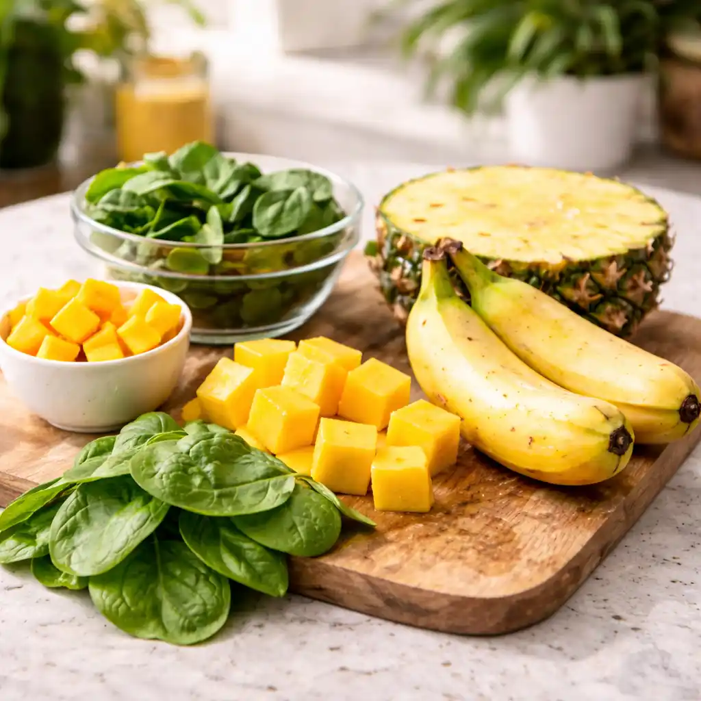 Detox island green smoothie ingredients on a bright kitchen counter