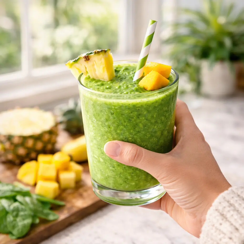 Hand holding detox island green smoothie near sunny window