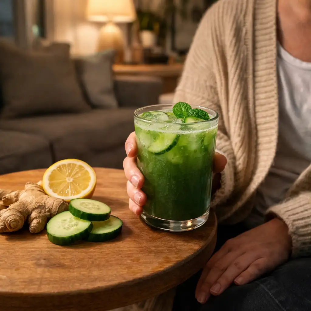 Person holding detox juice in cozy living room setting detox juice drink recipes