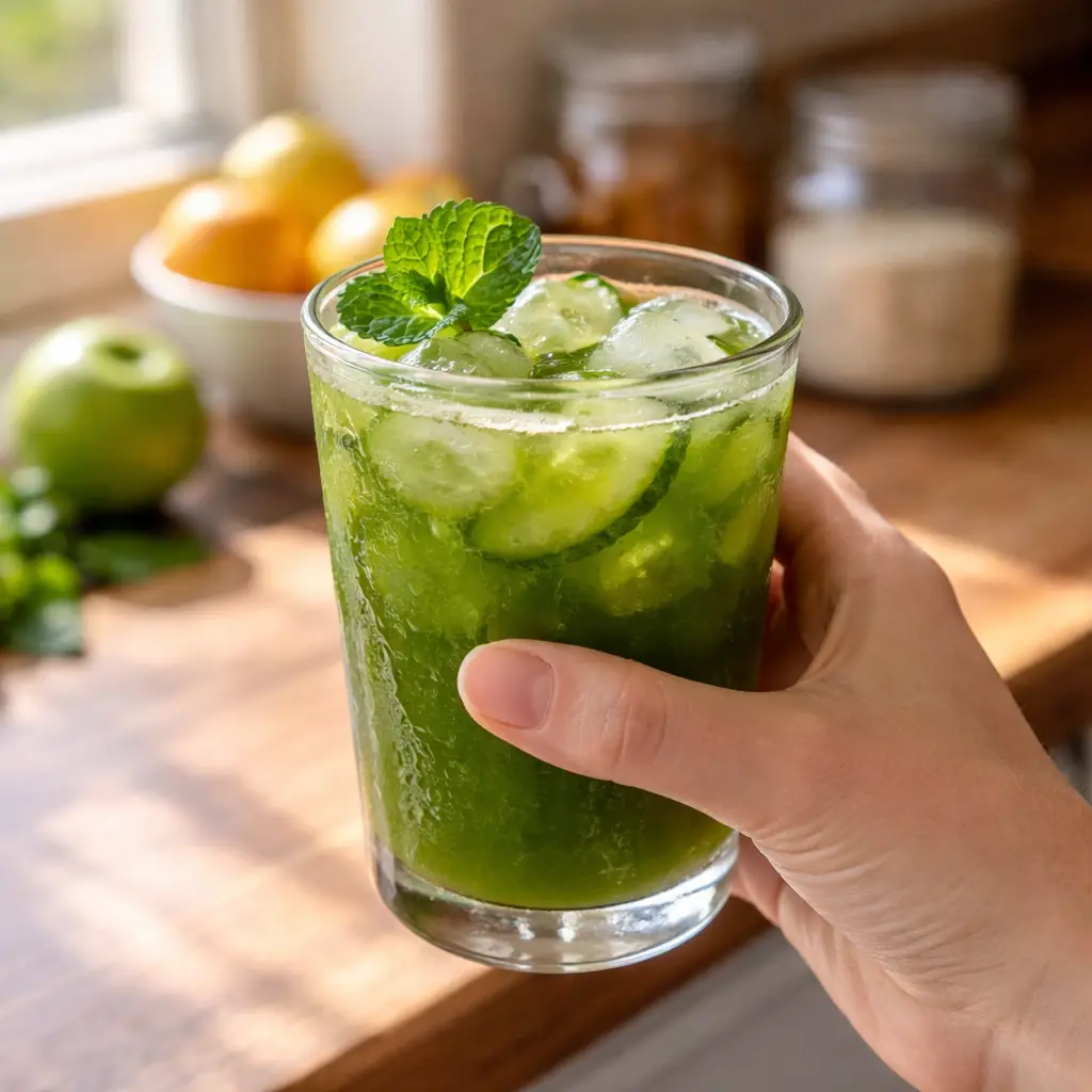 Hand holding detox juice near a sunny kitchen window detox juice drink recipes