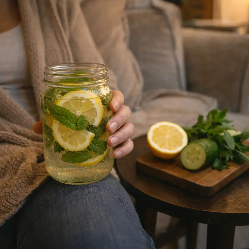 person relaxing with detox water in living room how to make detox drink at home