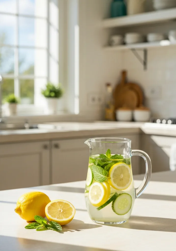 Aesthetic detox water pitcher with lemon and cucumber in bright kitchen does detox drink really work